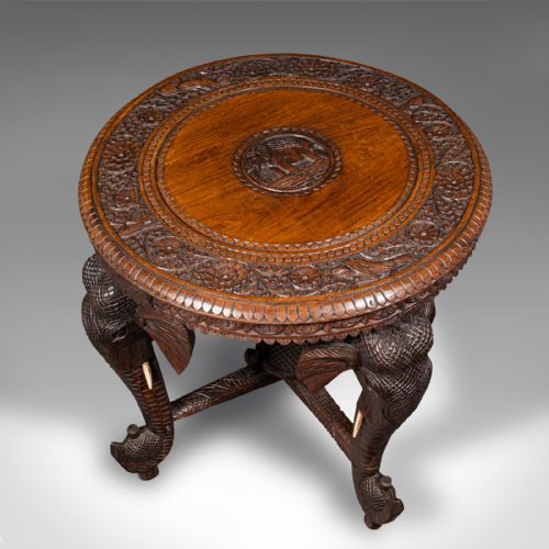 fig 5. Antique Occasional Table, Indian Teak, Carved, Coffee, Elephants, Late Victorian