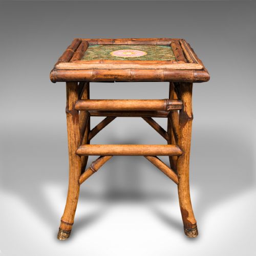 fig 1. Small Antique Lamp Table, English, Bamboo, Ceramic, Side, WF Needham, Victorian