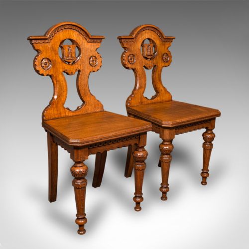 Pair of Antique Hall Chairs, Scottish, Oak, Seat, Arts & Crafts Taste, Victorian