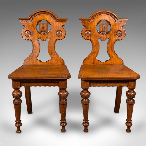 fig 1. Pair Of Antique Hall Chairs, Scottish, Oak, Seat, Arts & Crafts Taste, Victorian
