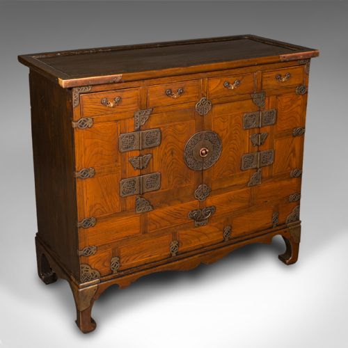 Antique Raised Chest, Korean, Elm, Pear, Side Cabinet, Brass, Victorian, C.1880