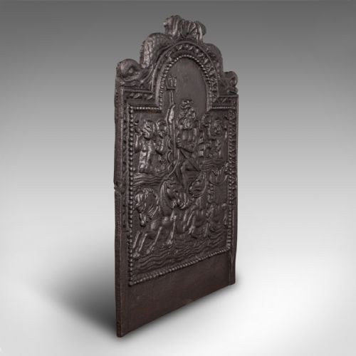 fig 2. A heavy late Victorian cast iron fireback depicting a relief scene of Neptune holding a trident on a chariot drawn by sea horses.