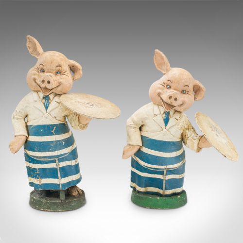 PAIR OF ANTIQUE BUTCHERY PIGS ENGLISH PLASTER SHOP DISPLAY FIGURE EDWARDIAN - ADDITIONAL PHOTO 1