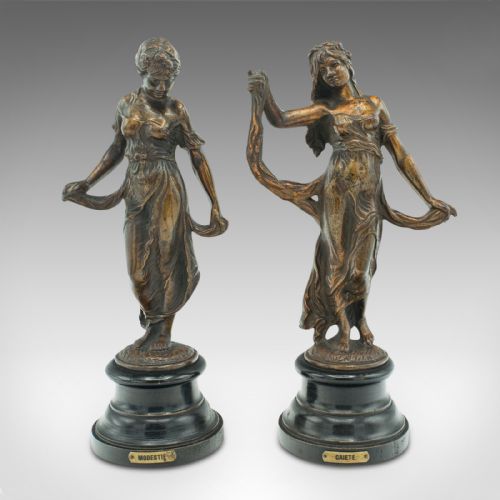 fig 1. Pair Of Antique Virtue Figures, French, Bronze, Statue, Art Nouveau, Victorian