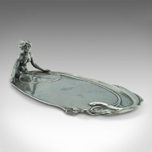 Antique Table Centrepiece, German, Pewter, Lady of the Lake, Decorative Tray