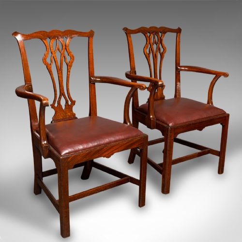 Pair of Antique Carver Chairs, English, Elbow Seat, Chippendale Taste, Georgian