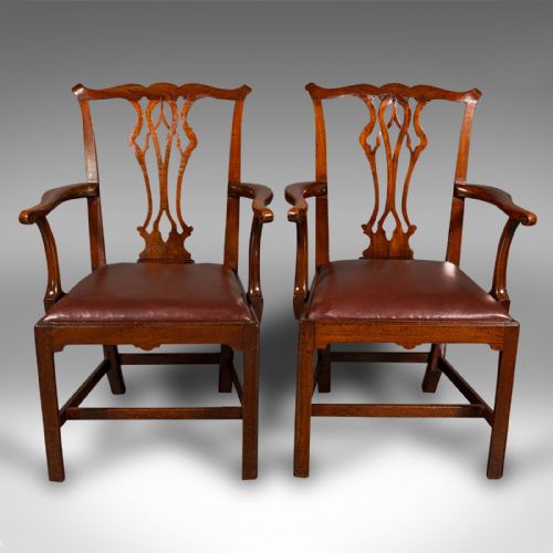 fig 1. Pair Of Antique Carver Chairs, English, Elbow Seat, Chippendale Taste, Georgian