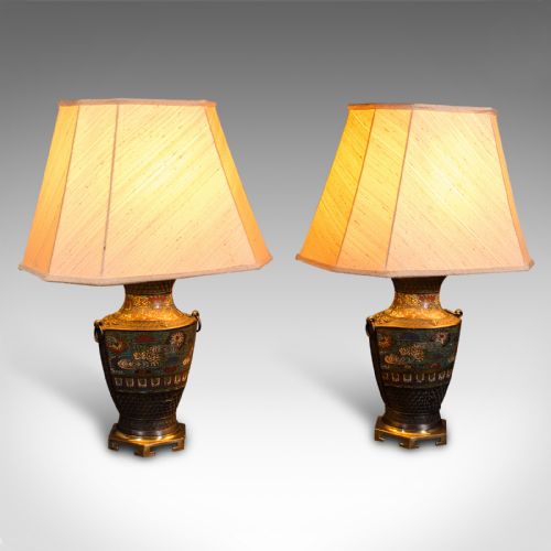 Pair of Antique Decorative Lamps, Japanese, Bronze, Table Light, Victorian, 1880