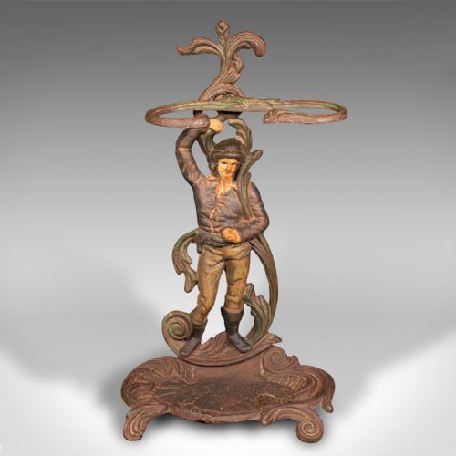 fig 1. Antique Figural Umbrella Stand, French, Painted, Decorative Hall Rack, Victorian