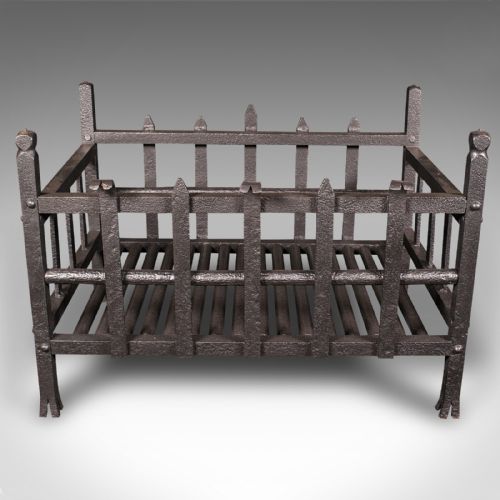 fig 1. Antique Fire Basket, English, Wrought Iron Fireplace Grate, Victorian, C.1880