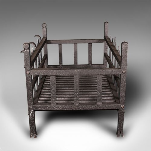 fig 4. Antique Fire Basket, English, Wrought Iron Fireplace Grate, Victorian, C.1880