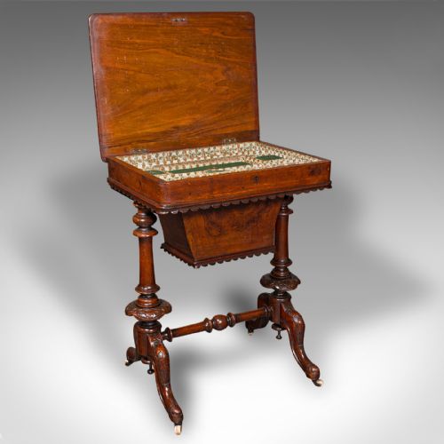 fig 1. Antique Ladies Work Table, English, Burr Walnut, Sewing Table, Victorian, C.1850