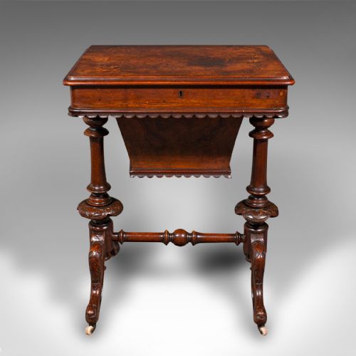 fig 2. Antique Ladies Work Table, English, Burr Walnut, Sewing Table, Victorian, C.1850