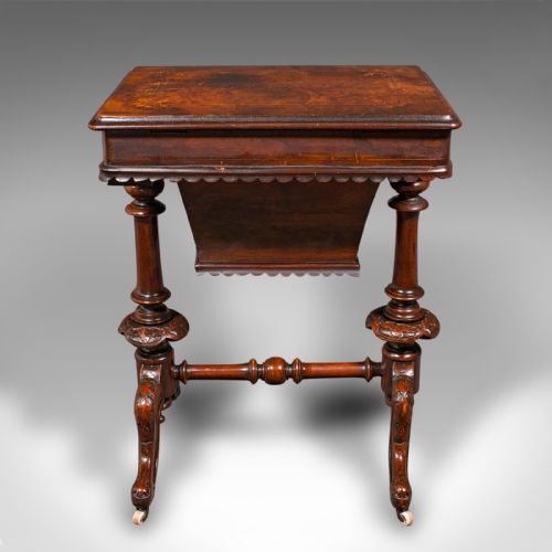 fig 5. Antique Ladies Work Table, English, Burr Walnut, Sewing Table, Victorian, C.1850