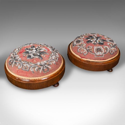Pair of Antique Beadwork Footstools, English, Decorative Rest, Stool, Victorian