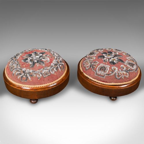 fig 1. Pair Of Antique Beadwork Footstools, English, Decorative Rest, Stool, Victorian