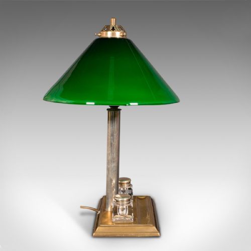 fig 1. Antique Executive Desk Lamp, English, Brass, Glass, Table Light, Edwardian, 1910