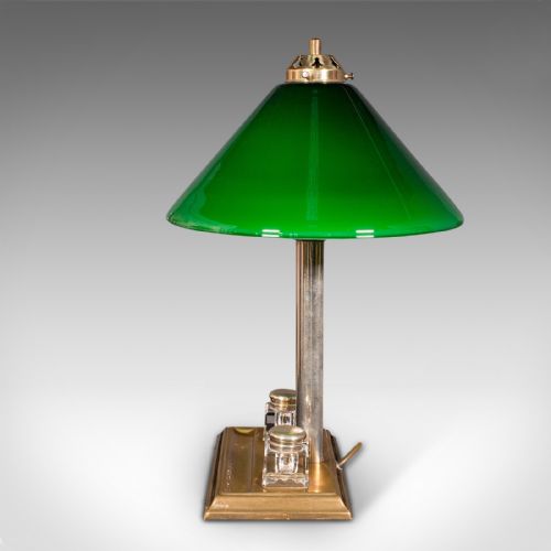 fig 2. Antique Executive Desk Lamp, English, Brass, Glass, Table Light, Edwardian, 1910