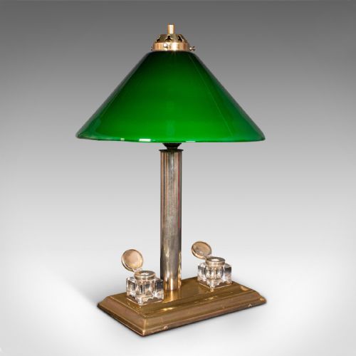 fig 4. Antique Executive Desk Lamp, English, Brass, Glass, Table Light, Edwardian, 1910