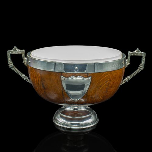fig 1. Antique Trophy Bowl, English Oak, Silver Plate, Decorative Dish, Edwardian, 1910