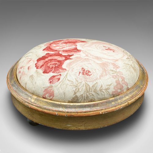 Antique Padded Footstool, English, Giltwood, Lounge Stool, Regency, Circa 1820