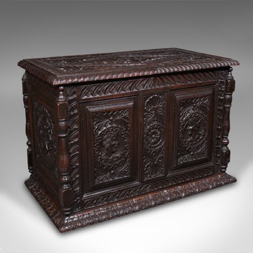 Small Antique Carved Coffer, English Oak, Gothic Revival, Blanket Box, Victorian