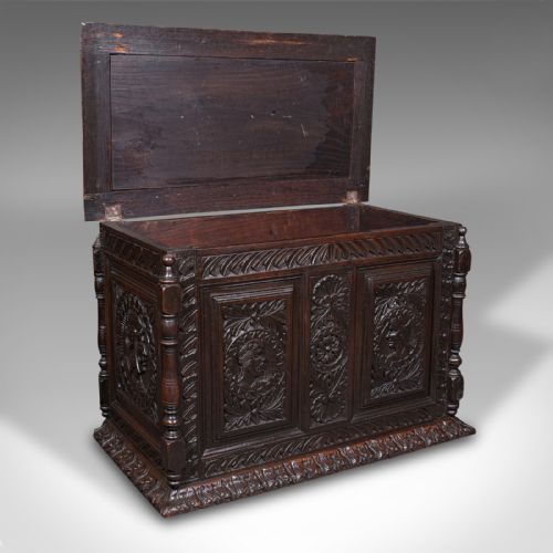 fig 1. Small Antique Carved Coffer, English Oak, Gothic Revival, Blanket Box, Victorian