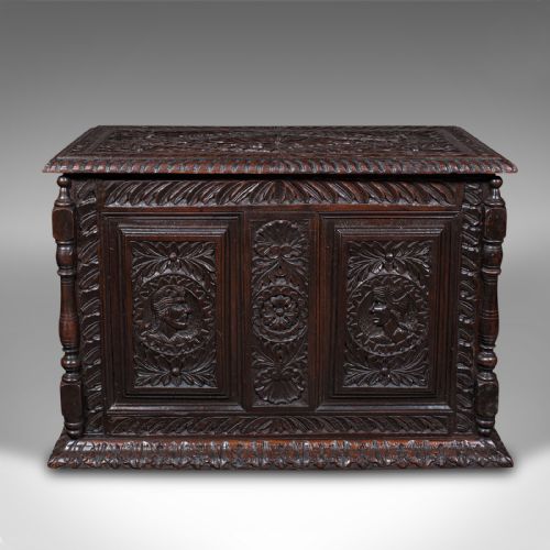 fig 2. Small Antique Carved Coffer, English Oak, Gothic Revival, Blanket Box, Victorian