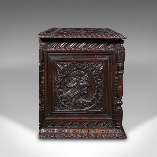 fig 3. Small Antique Carved Coffer, English Oak, Gothic Revival, Blanket Box, Victorian