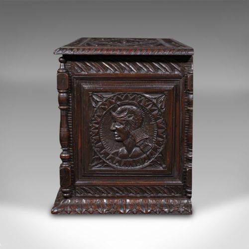 fig 4. Small Antique Carved Coffer, English Oak, Gothic Revival, Blanket Box, Victorian
