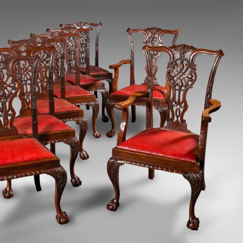 Set of 8 Antique Dining Chairs, English, Leather, Chippendale Revival, Victorian