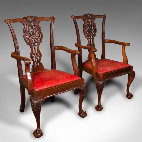 fig 1. Set Of 8 Antique Dining Chairs, English, Leather, Chippendale Revival, Victorian