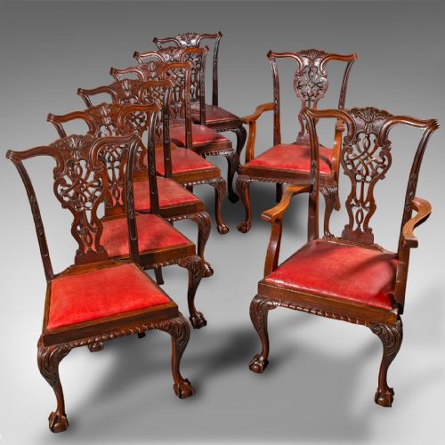 fig 7. Set Of 8 Antique Dining Chairs, English, Leather, Chippendale Revival, Victorian