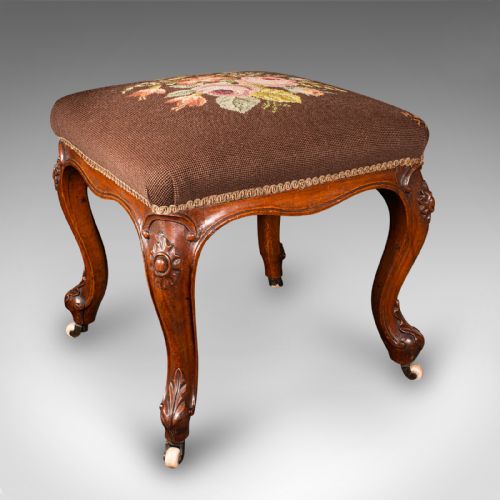 Antique Dressing Stool, English, Walnut, Needlepoint, Footstool, Early Victorian
