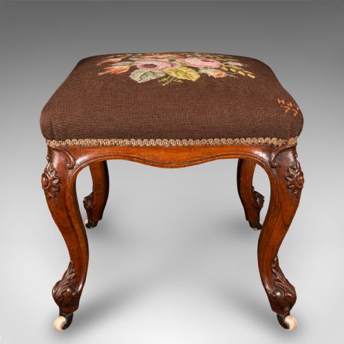 fig 1. Antique Dressing Stool, English, Walnut, Needlepoint, Footstool, Early Victorian