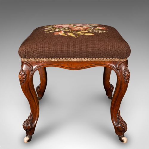 fig 2. Antique Dressing Stool, English, Walnut, Needlepoint, Footstool, Early Victorian