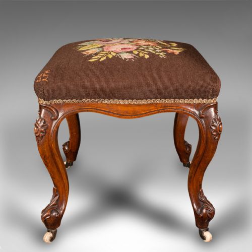 fig 3. Antique Dressing Stool, English, Walnut, Needlepoint, Footstool, Early Victorian