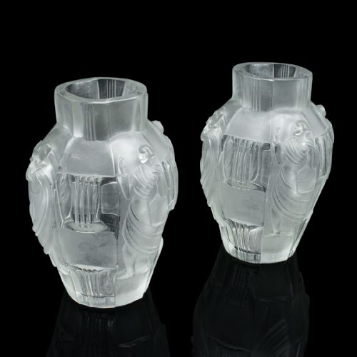 Pair of Antique Art Nouveau Flower Vases, French, Frosted Glass, After Lalique