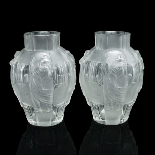 fig 1. Pair Of Antique Art Nouveau Flower Vases, French, Frosted Glass, After Lalique