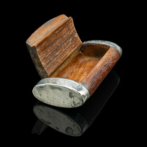 fig 1. Small Antique Pill Box, French, Walnut, Silver Plate, Pocket Case, Victorian