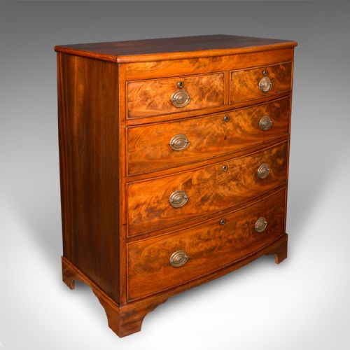 Antique Bow Front Chest of Drawers, English, Tallboy, Bedroom, Georgian, C.1800