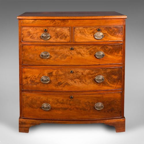 fig 1. Antique Bow Front Chest Of Drawers, English, Tallboy, Bedroom, Georgian, C.1800