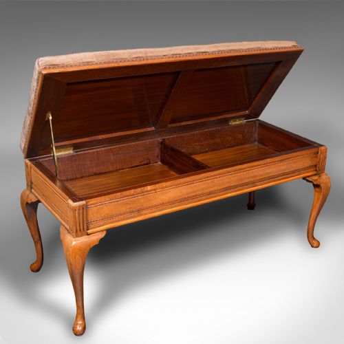 fig 1. Antique Duet Stool, English, Walnut, Velvet, Recital, Window Bench, Edwardian