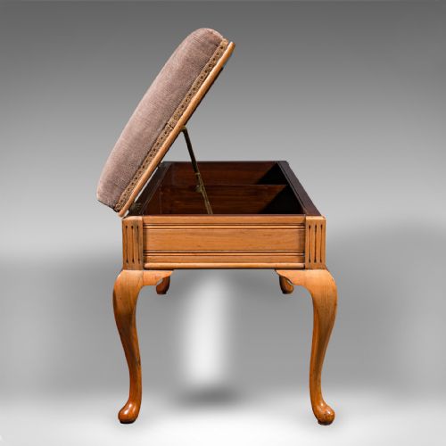 fig 4. Antique Duet Stool, English, Walnut, Velvet, Recital, Window Bench, Edwardian
