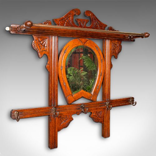 Antique Cheltenham Mirror, English, Oak, Hallway Rack, Cloak Hooks, Edwardian