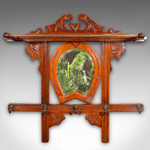 fig 1. Antique Cheltenham Mirror, English, Oak, Hallway Rack, Cloak Hooks, Edwardian