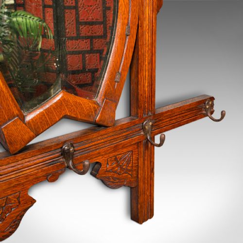 fig 5. Antique Cheltenham Mirror, English, Oak, Hallway Rack, Cloak Hooks, Edwardian