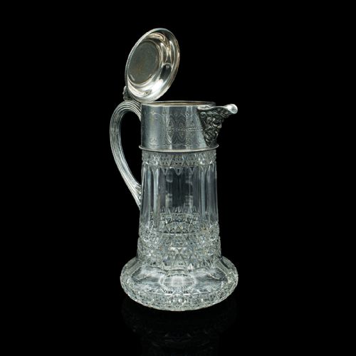 fig 1. Antique Claret Jug, English, Cut Glass, Silver Plate, Decanter, Victorian, 1900