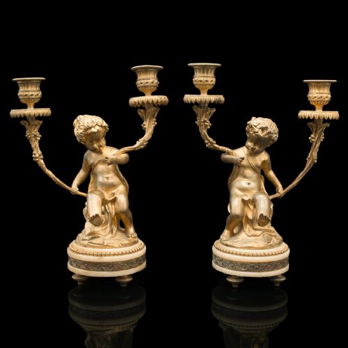 fig 1. Pair Of Antique Cherubic Candlesticks, French, Gilt, Onyx, Decorative, Victorian