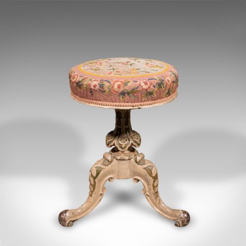 fig 1. Antique Piano Stool, English, Painted Frame, Music Seat, Riser, Victorian, 1850
